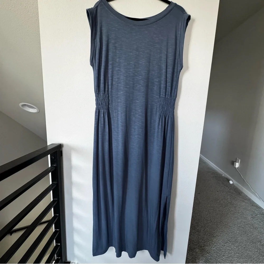 WHBM Blue Rayon Slub Knit Sleeveless Smocked Waist Midi Maxi Dress Womens Large - Picture 4 of 14